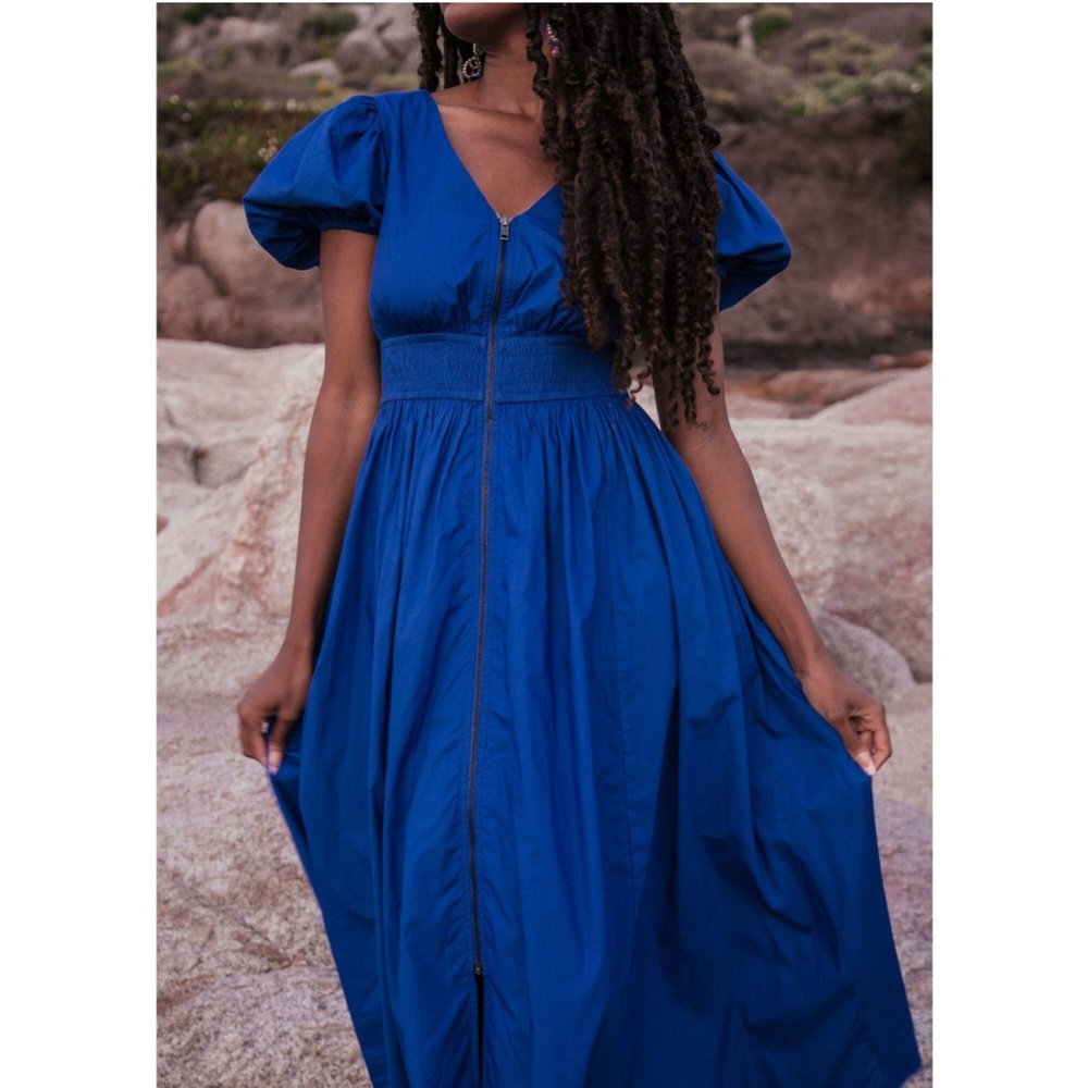 NWT JESSAKAE Women's Stormy Dress Vibrant Blue Dress Puff Sleeves Size XS